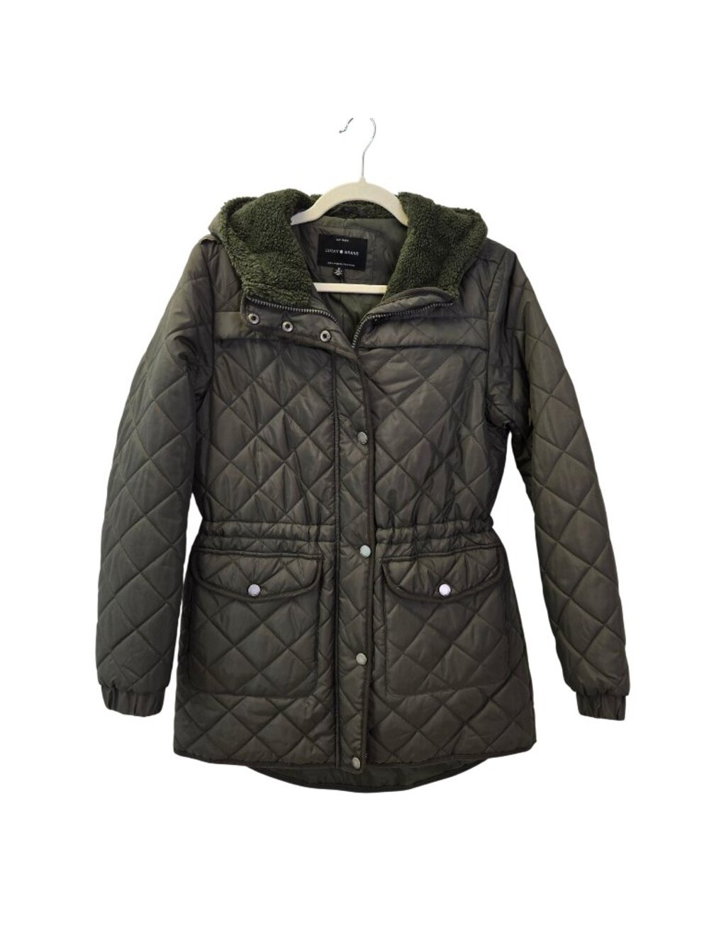 Lucky Brand Olive Green Quilted Hooded Jacket Size Medium